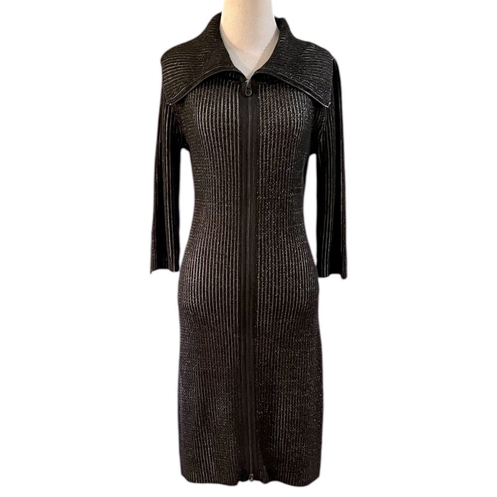 CALVIN KLEIN RIBBED KNIT FULL ZIP FRONT FITTED SWEATER DRESS BLK MARLED SIZE M